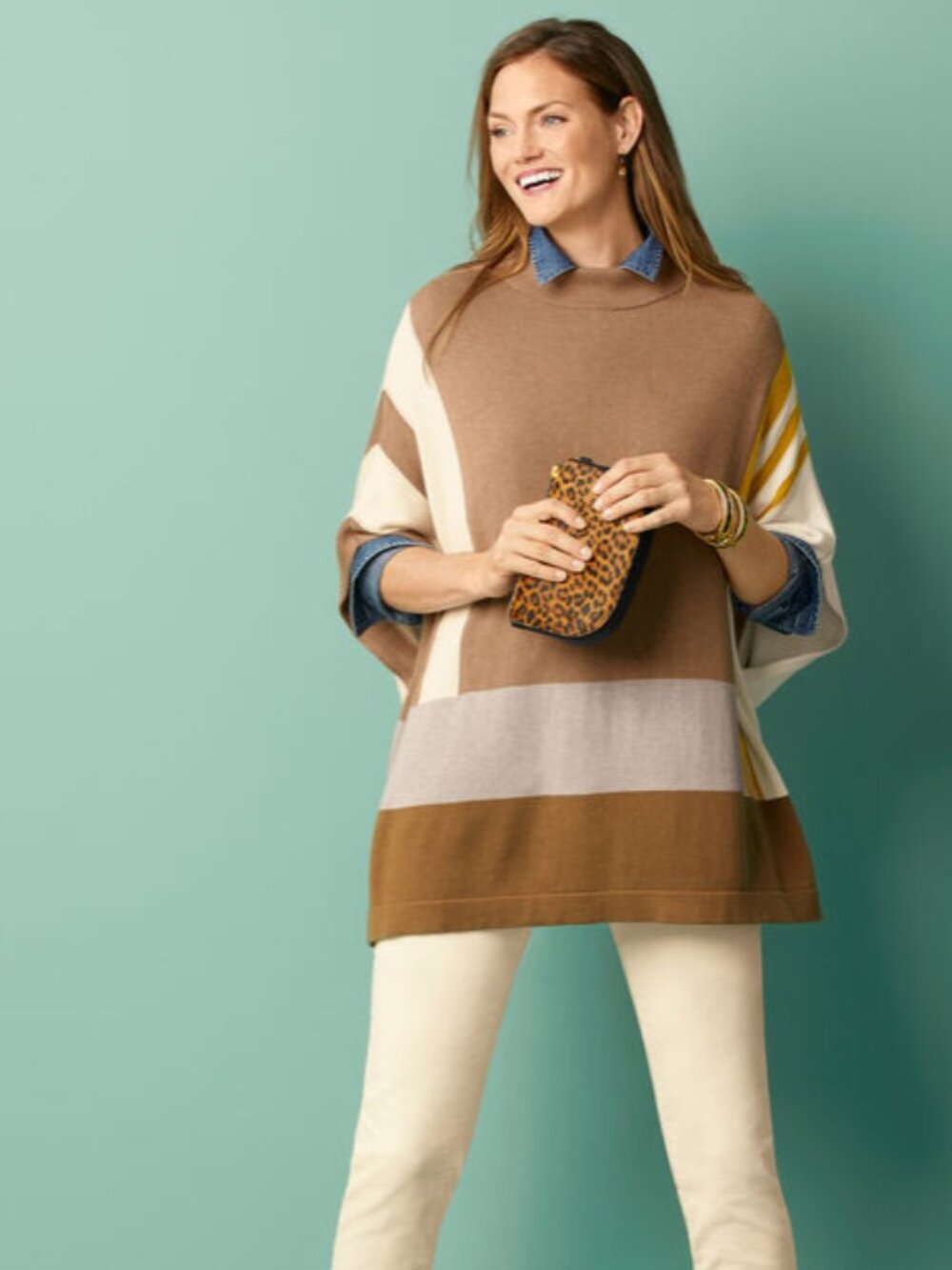 Talbots Tan Colorblock Stripe Poncho - Small - NWOT